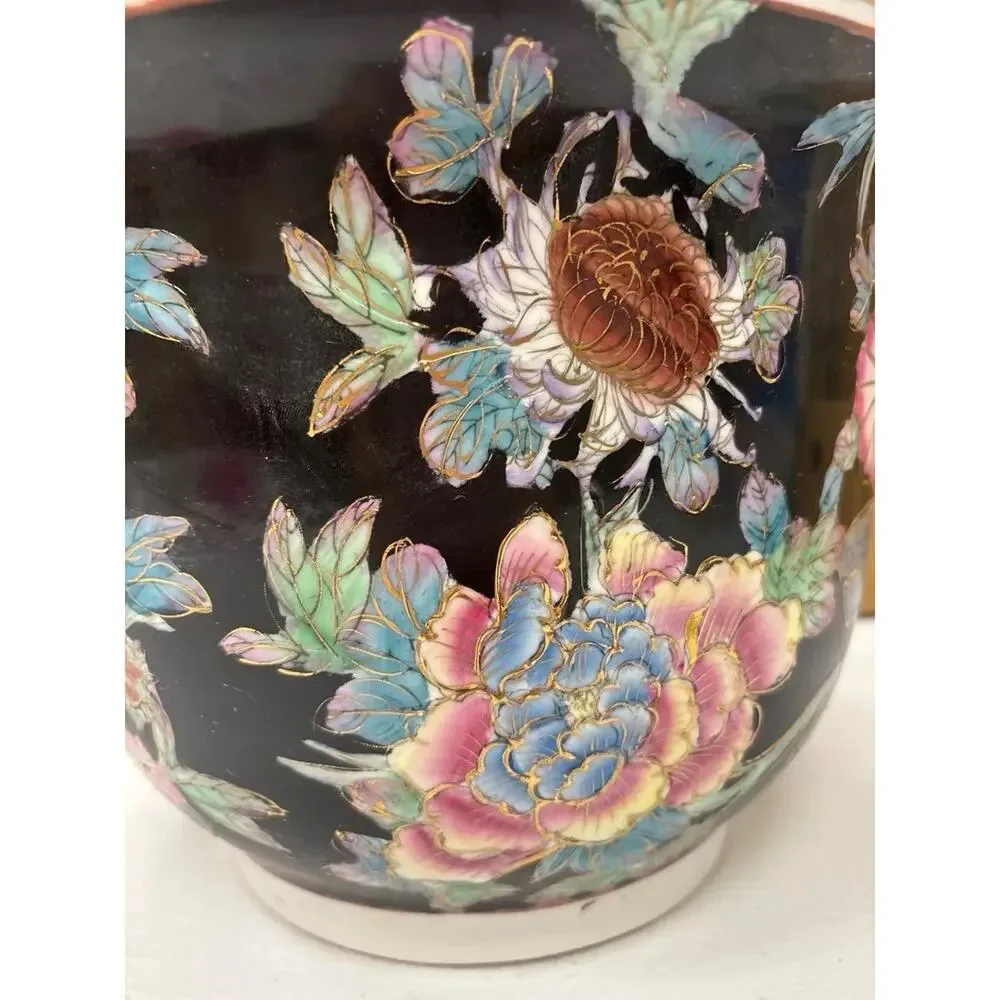 Vintage Chinese Enamel Famille Rose Koi Planter Cachepot Flowers Black Flowers
